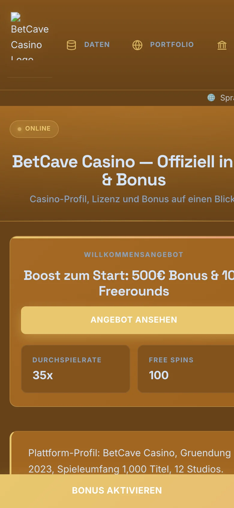 BetCave Casino mobile lobby screenshot