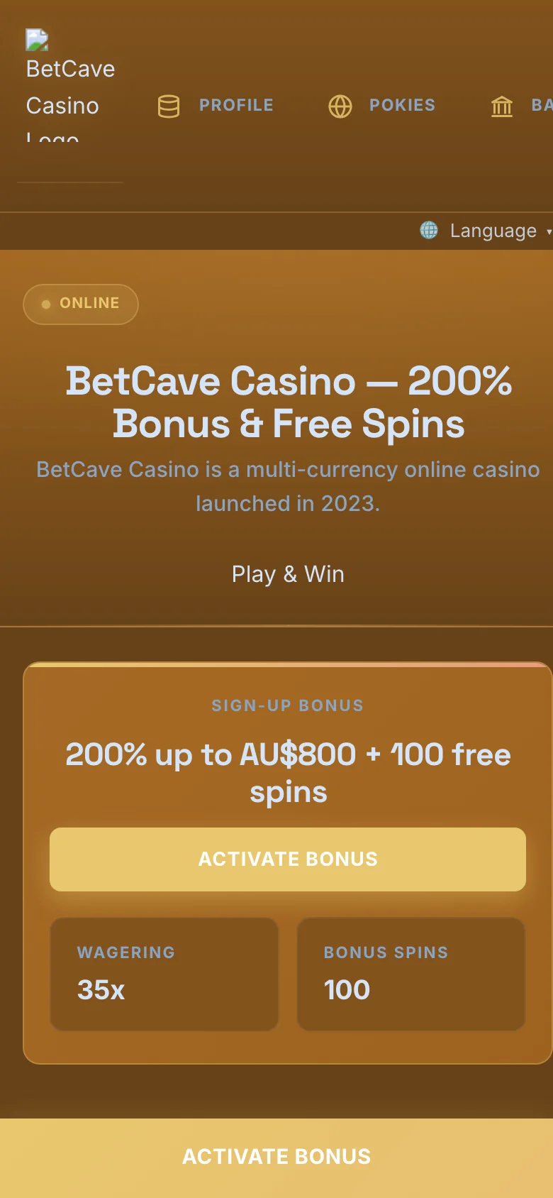 BetCave Casino mobile lobby screenshot