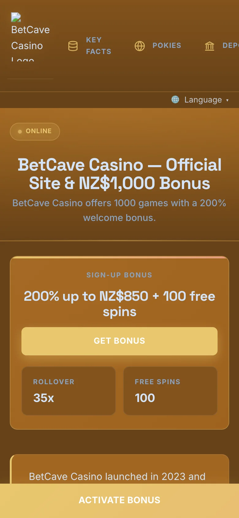 BetCave Casino mobile lobby screenshot